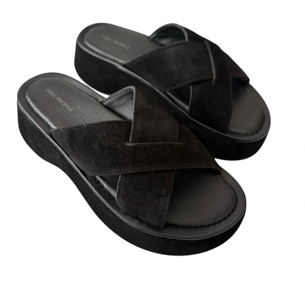 Free People Asbury Flatform Sandals Black Size 7.5 Suede Platform Slides New - Picture 3 of 8